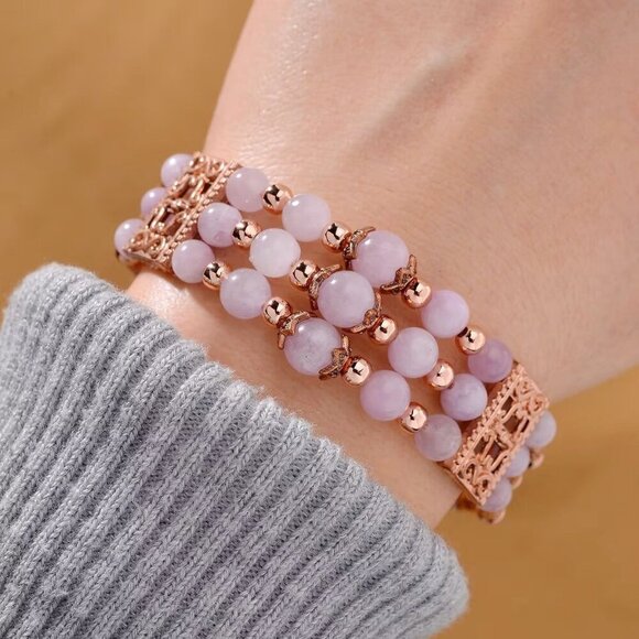 Kunzite ✦ 65ctw Beaded Bangle Bracelet ✦ Adjustable 7–9" Rose Gold Design NWT - Picture 3 of 12